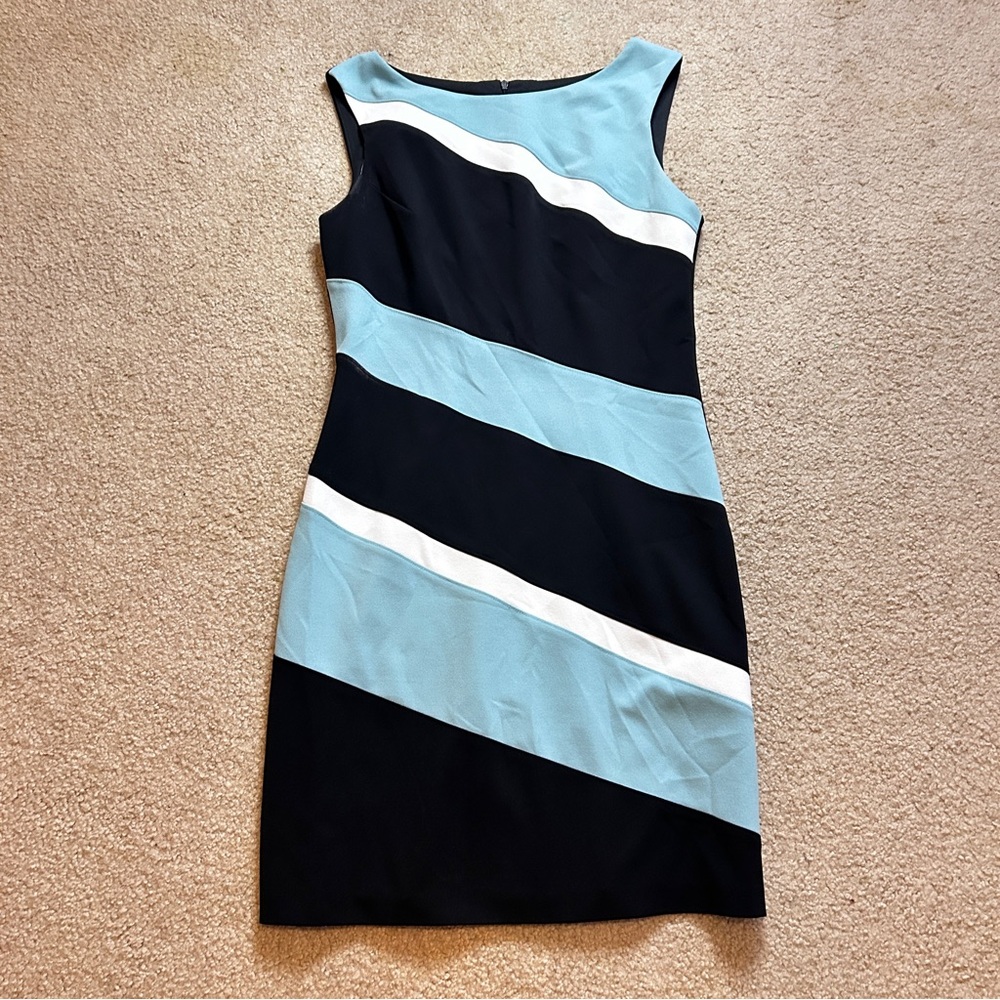 Connected Apparel Black and Blue Striped Mini Dress